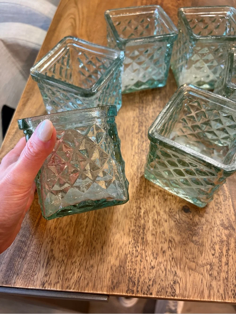 Glass Diamond-Pattern Square Votive Holders - Aqua (Set of 6)